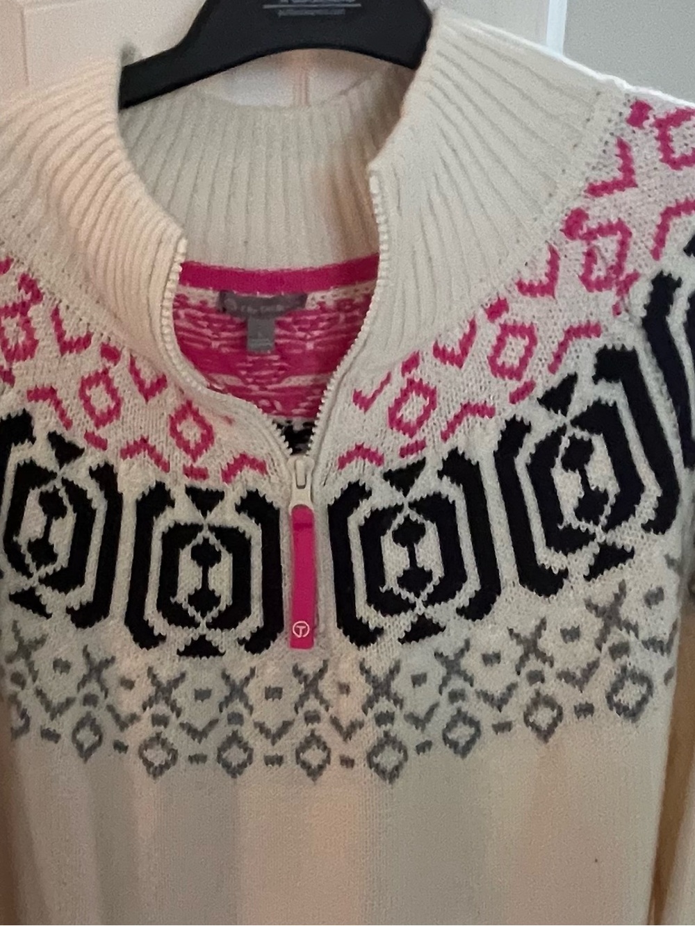 Talbots Cream Sweater with Pink and Black Fair Isle Yoke